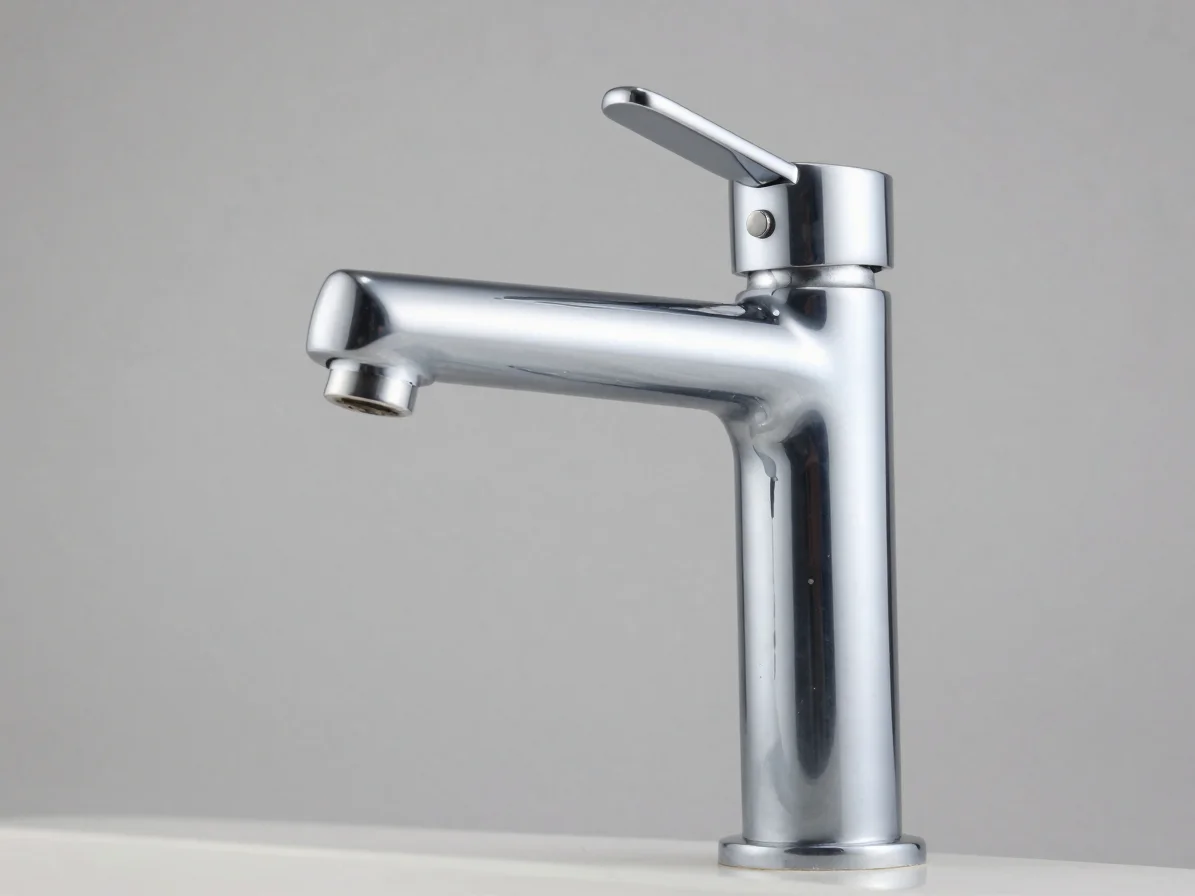 Close-up of a highly polished chrome faucet, showing subtle reflections and intricate details, against a neutral studio